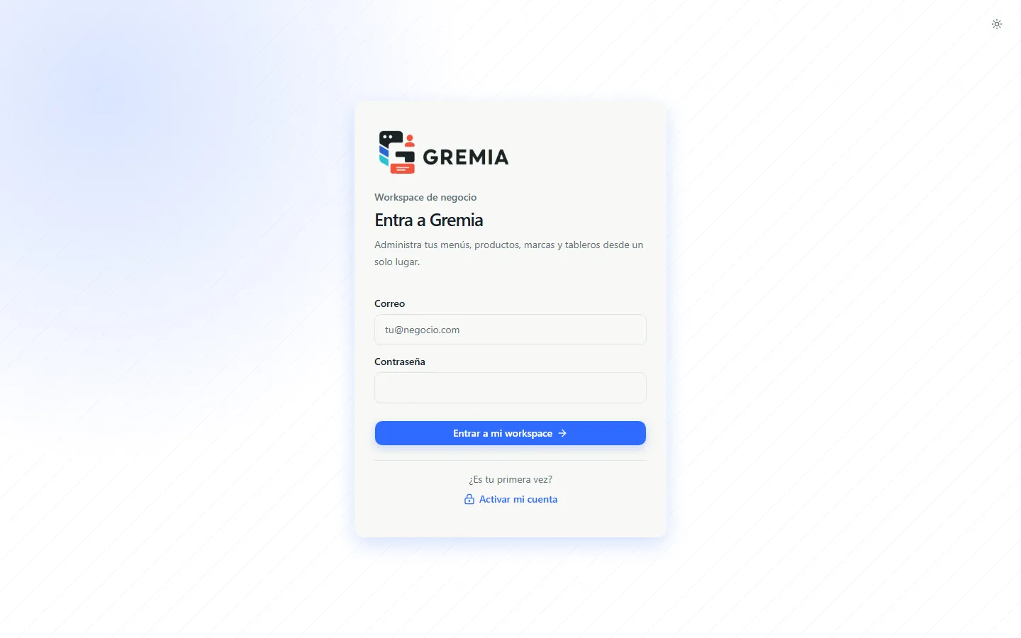 Pantalla de inicio de sesión de Gremia