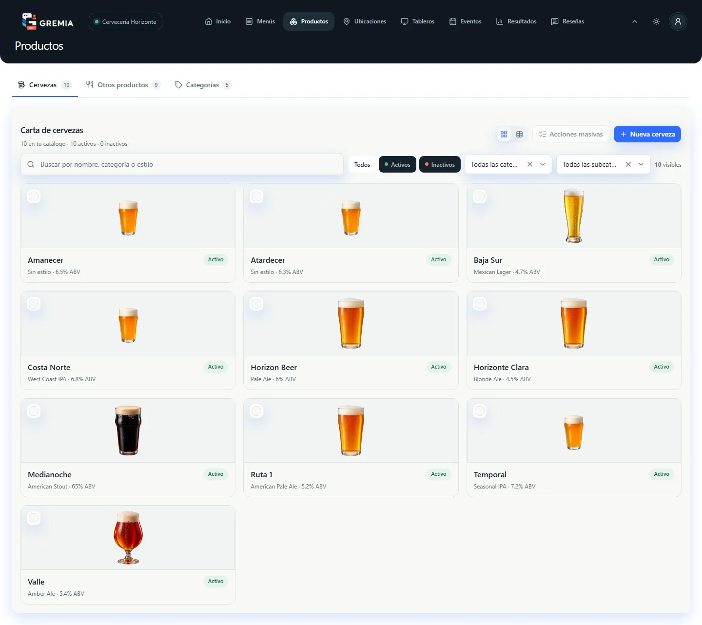 Catálogo de cervezas con 10 productos activos