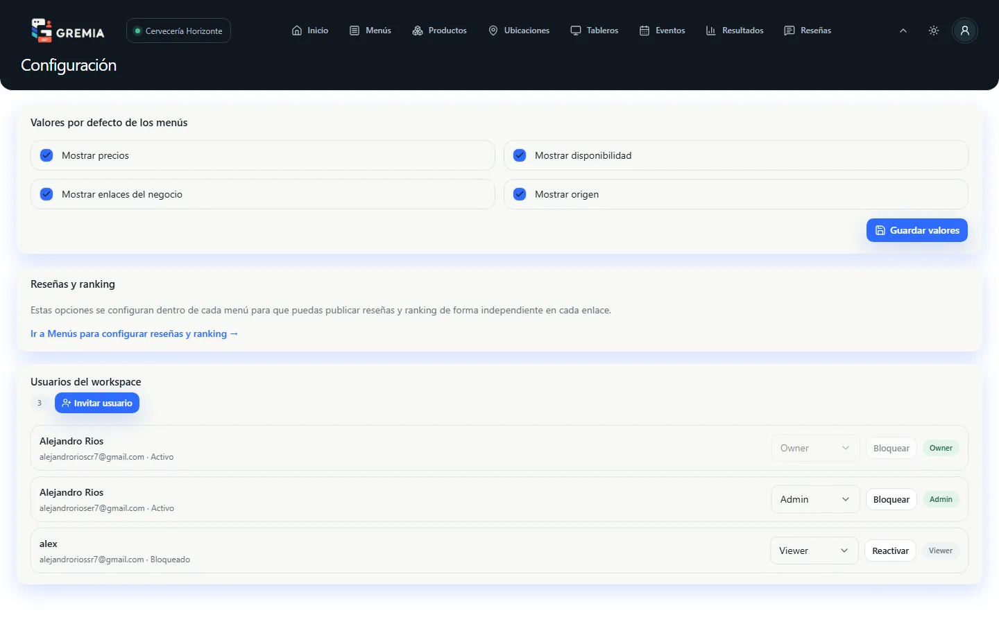 Módulo de Configuración con valores por defecto y usuarios del workspace