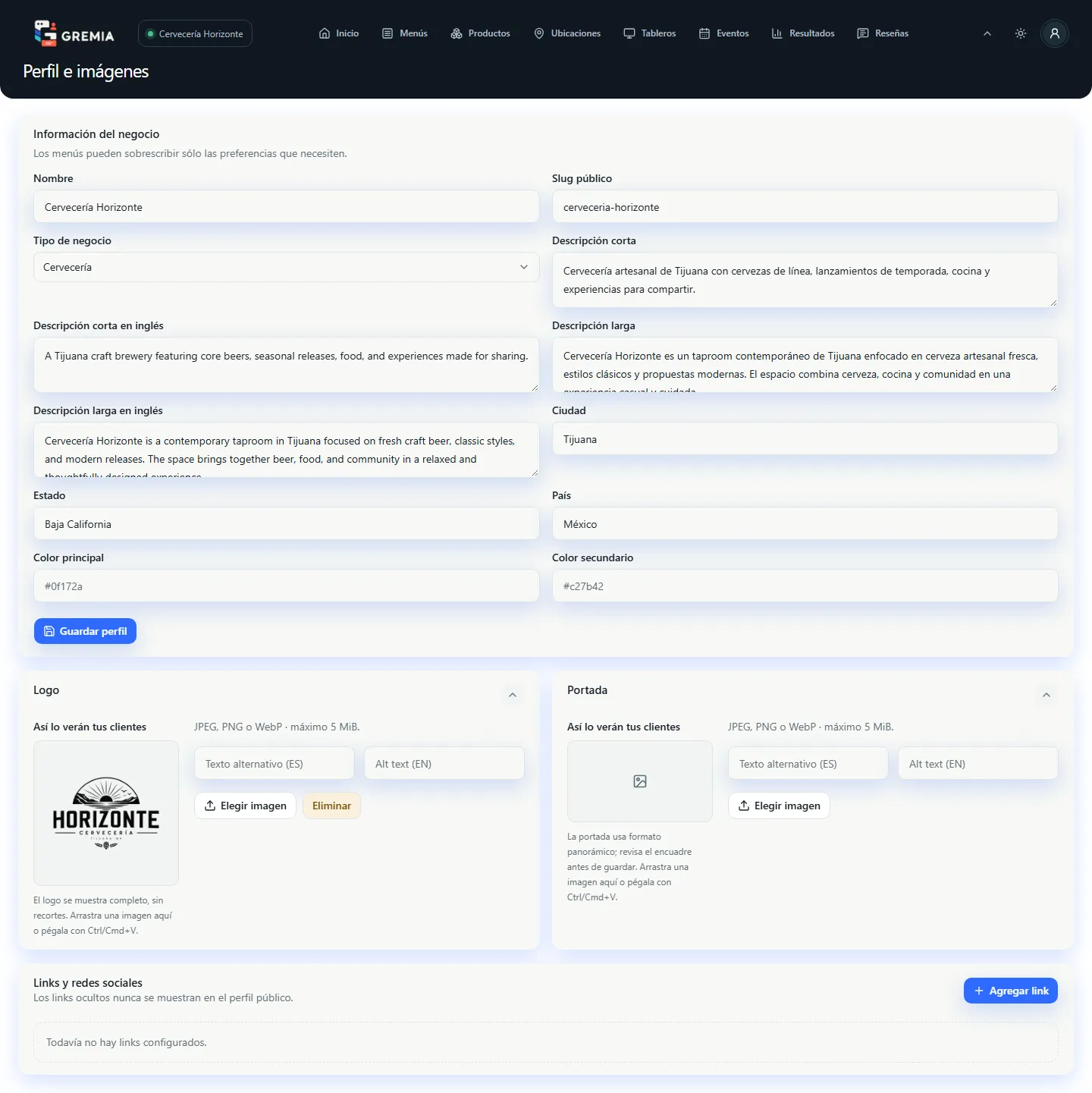 Módulo de Perfil con información del negocio, logo y portada