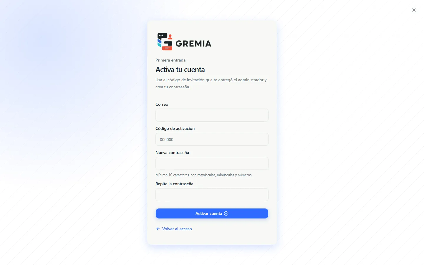 Pantalla de activación de cuenta con correo, código y contraseña