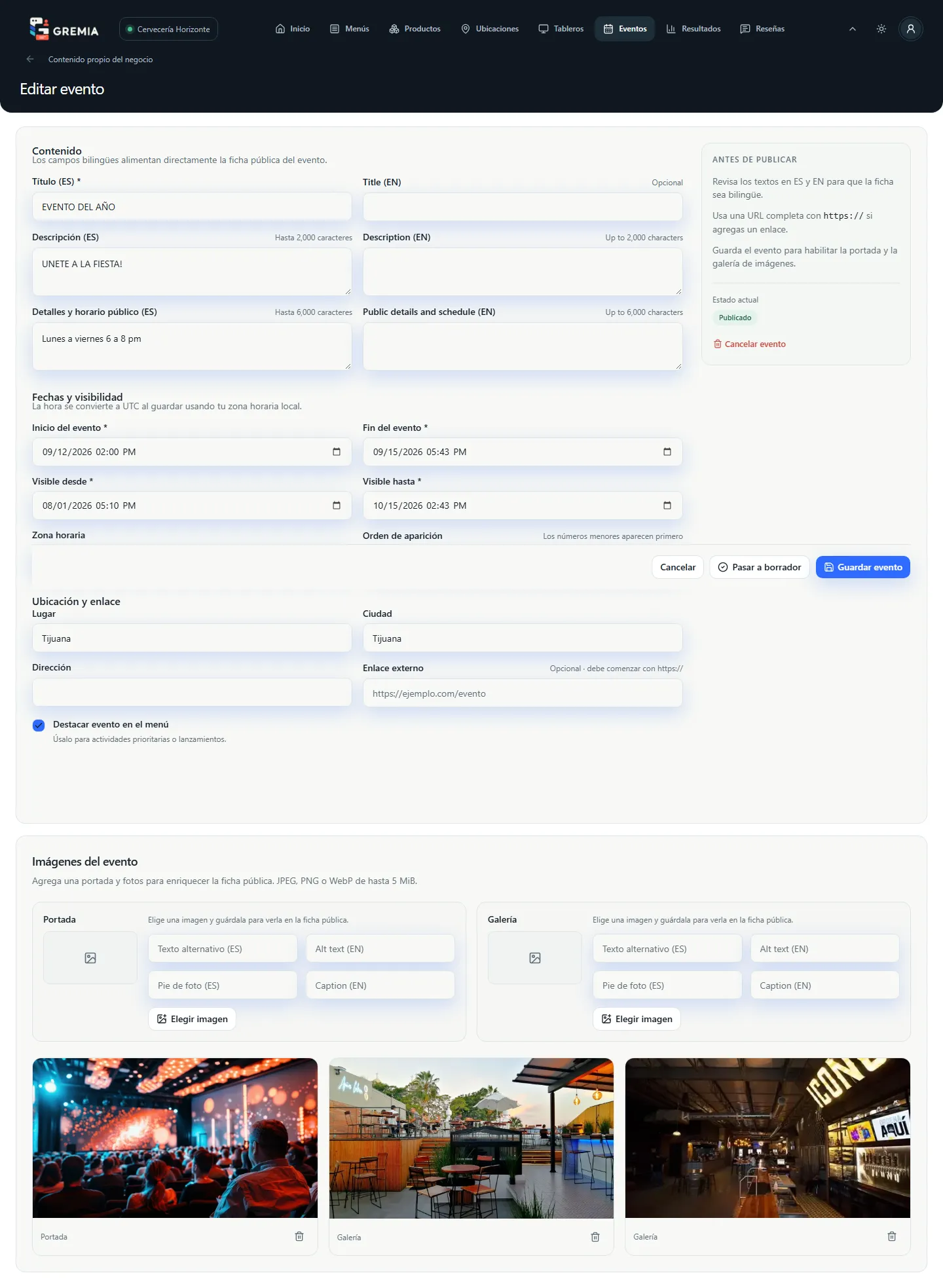 Editor de un evento publicado con el enlace “Cancelar evento” bajo su estado actual