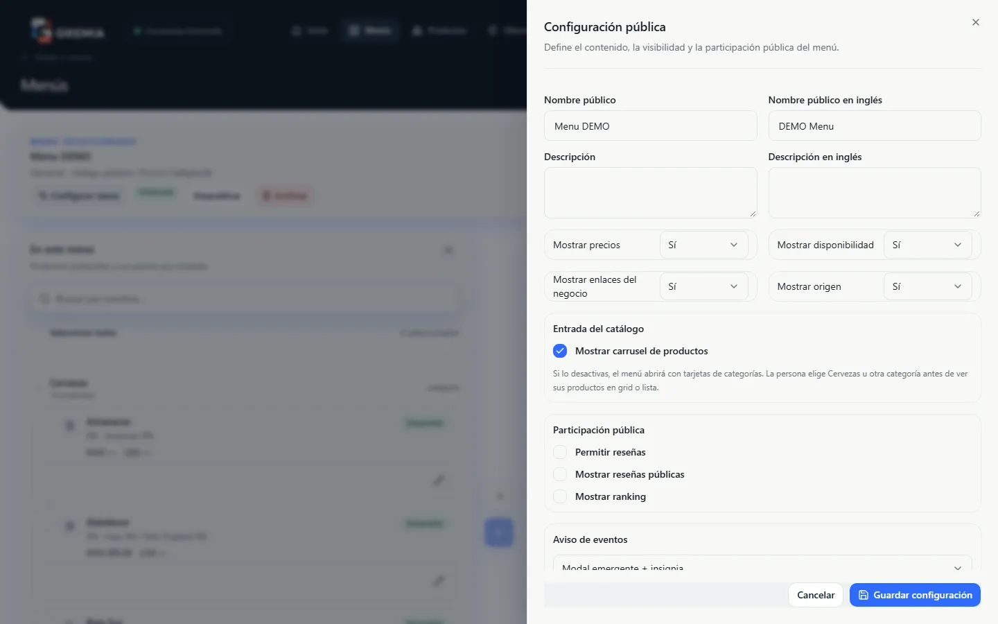 Panel de configuración pública de un menú