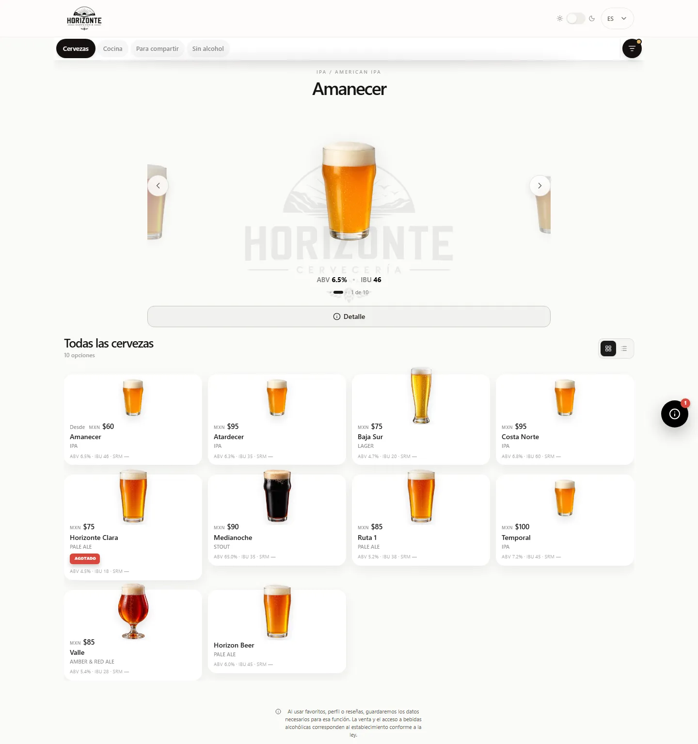 Menú público mostrando el detalle de una cerveza y la cuadrícula completa del catálogo