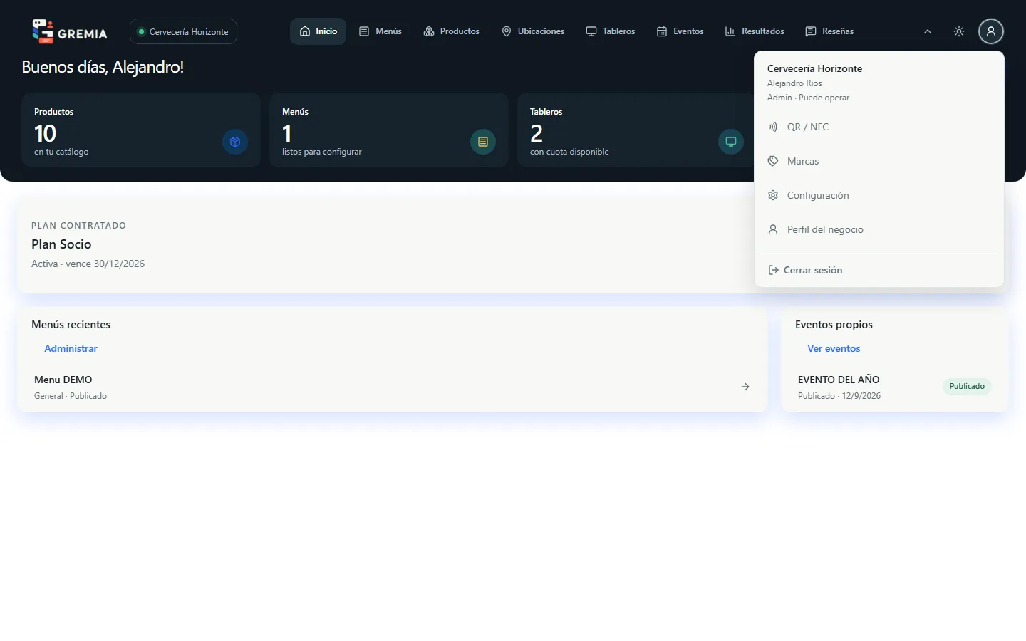 Menú de opciones del workspace, abierto desde el ícono de persona